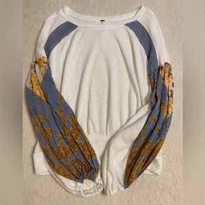 Free People White and Blue Floral Sleeve Sweatshirt